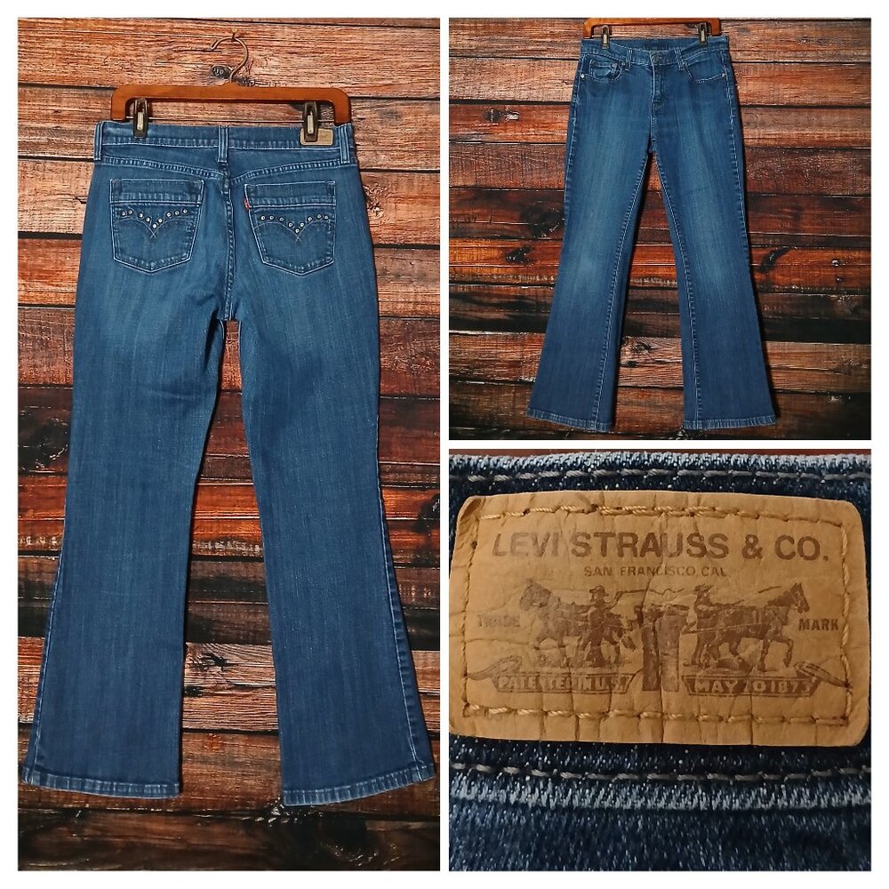 Levis Jeans Size 8 Boot Cut Mid Rise Studded Pockets Blue Denim Stretch